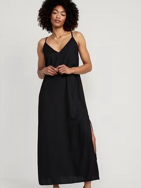 Old Navy Tie-Back Maxi Slip Black Dress LG Beachy Coastal relaxed LBD minimalist